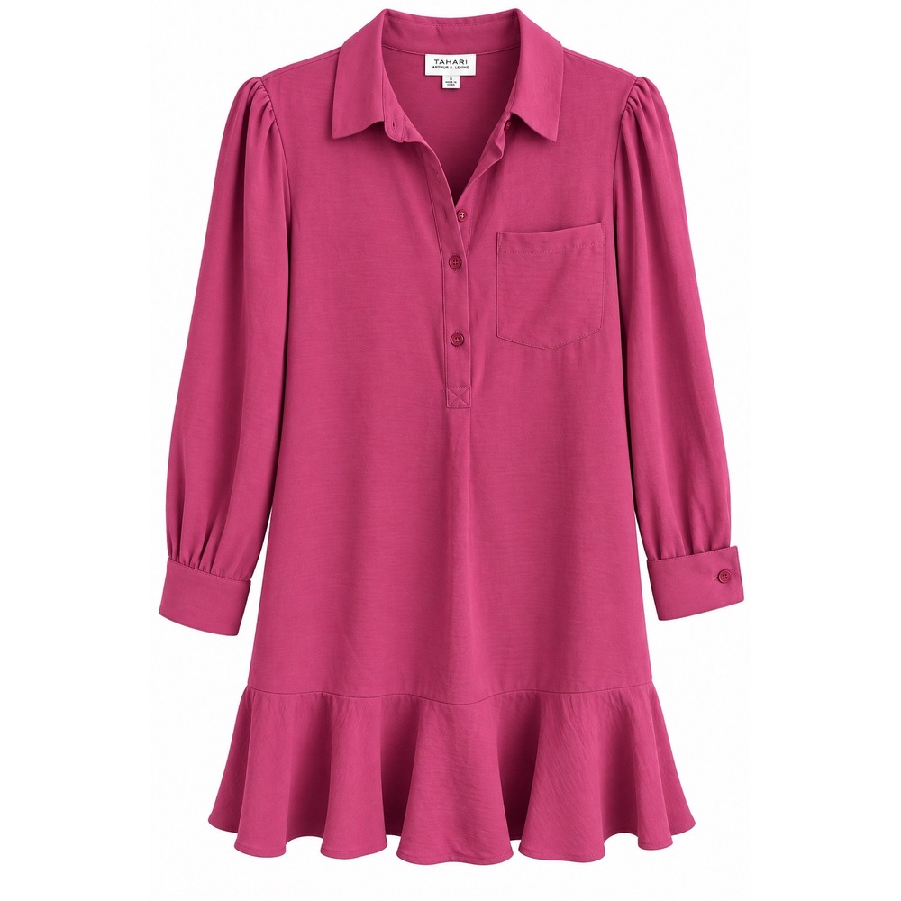 NWT Tahari Arthur S Levine Shift Dress Large Pink Ruffle Hem Shirt Dress